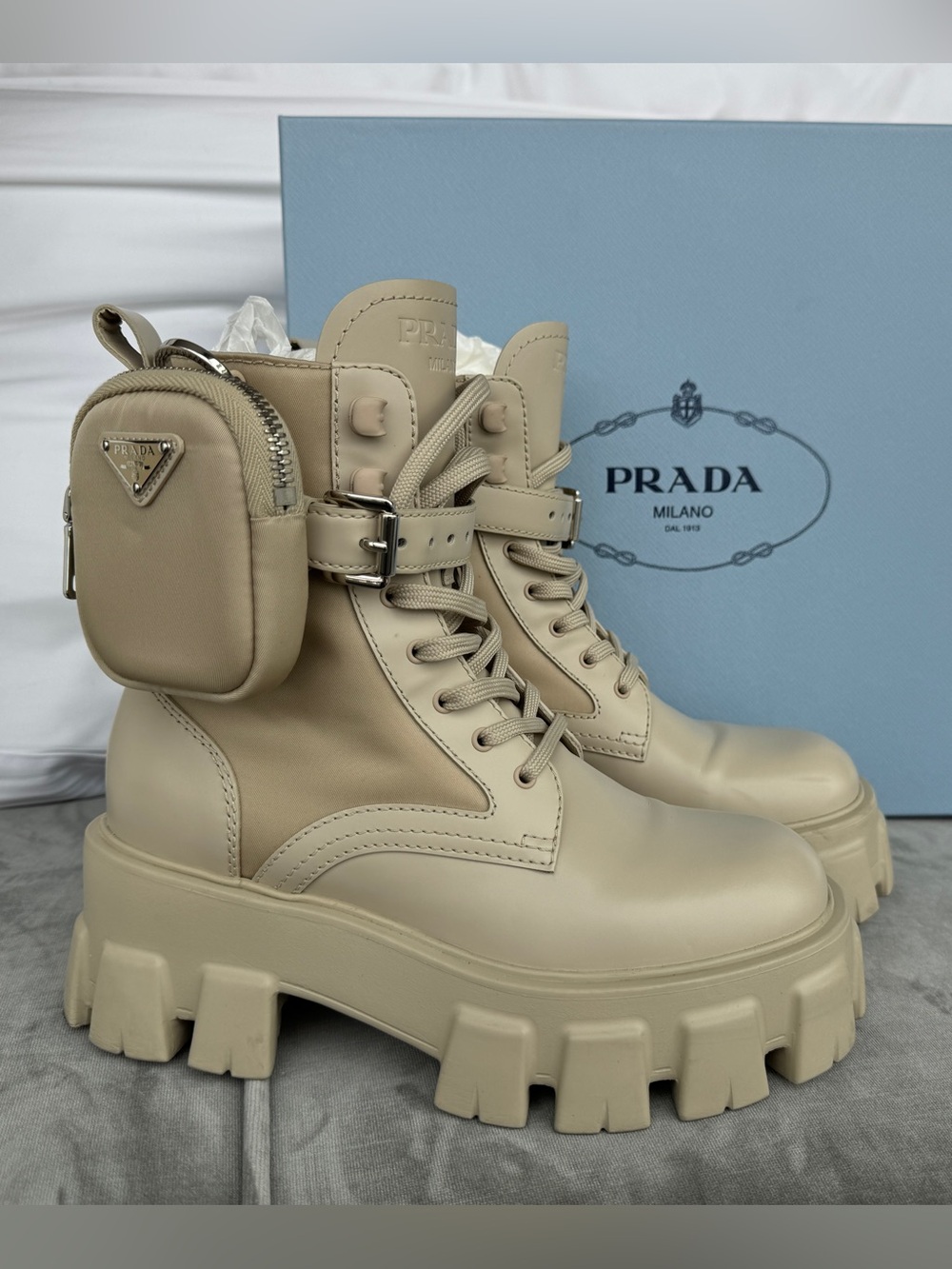 Prada Beige Monolith Combat Boots - Lace-Up Lug Boots with Detachable Pouch